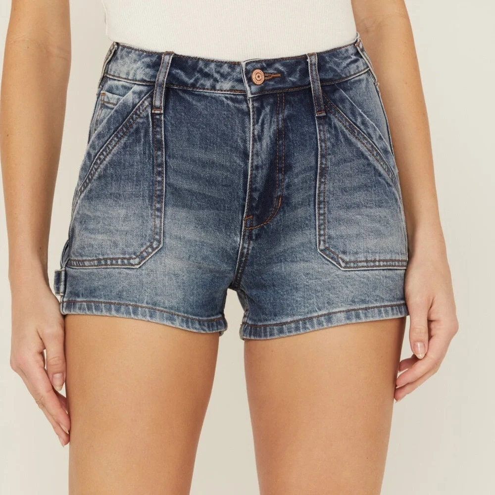 CLEO + WOLF Carpenter High Waisted Blue Denim High Rise Jean Shorts